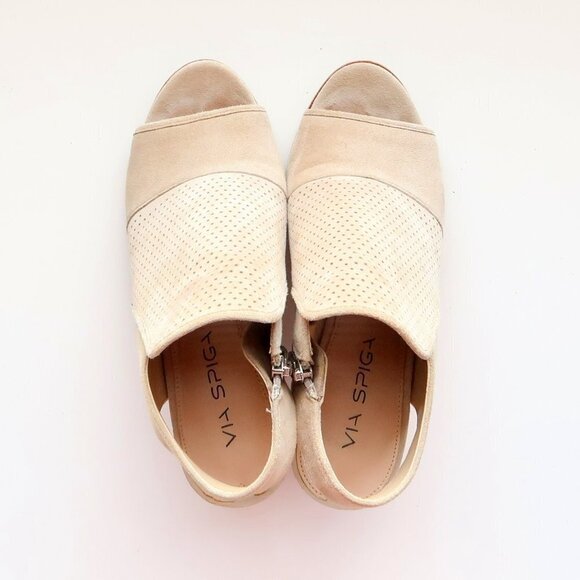 Via Spiga Beige Suede Leather Peep Toe Block Heel Perforated Bootie Shoes 5.5 - Picture 5 of 16